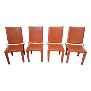 Vintage Chairs in Orange Leather and Iron, 1980, Set of 4 For Sale