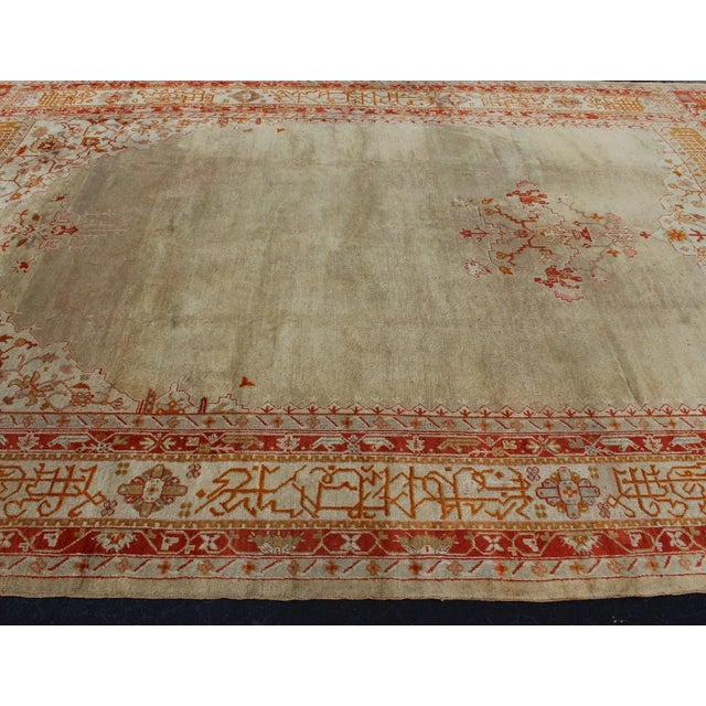 1900 - 1909 Large Antique Oushak Rug in Taupe / Light Green Background and Red Border For Sale - Image 5 of 12