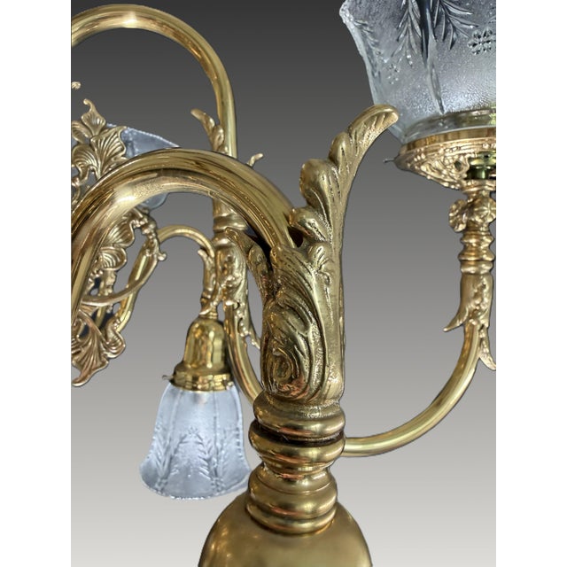 Metal Vintage Brass 2-Up 2-Down Chandelier, Etched Glass Shades, Victorian Revival Lighting Fixture For Sale - Image 7 of 18