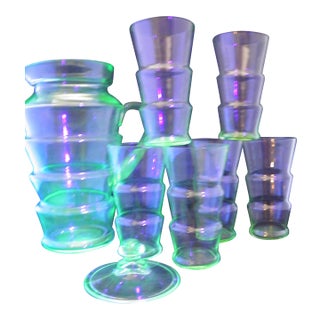 Antique Art Deco Dunbar Green Uranium Glass Pitcher 6 Tumblers Large 8pc Set For Sale