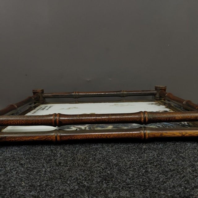 White Vintage Rosewood Bamboo-Form Frame & Porcelain Landscape Tea Tray For Sale - Image 8 of 9