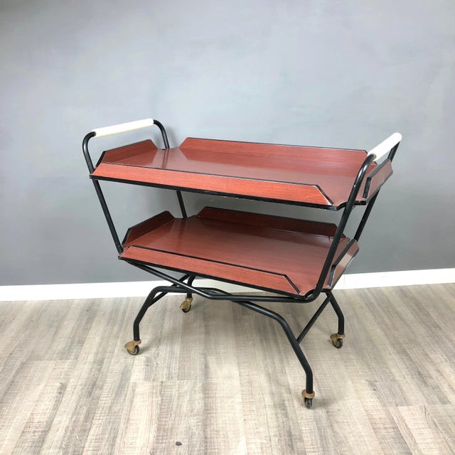 1960s Black Metal & Red Brown Formica Serving Tray Bar Cart, 1970s For Sale - Image 5 of 14
