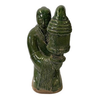 Vintage Oriental Ceramic Green Man Hold Lamp Shape Display Figure For Sale