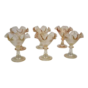 1960s French Set of Six Amber Glass Footed Ice Cream Dish Bowls