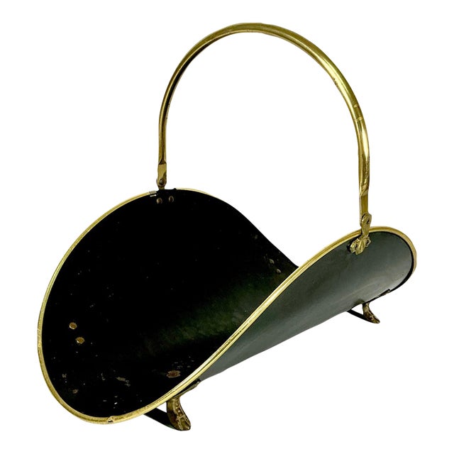 Mid-Century Arts & Crafts Federal Americana Black & Brass Firewood Holder With Paw Feet For Sale