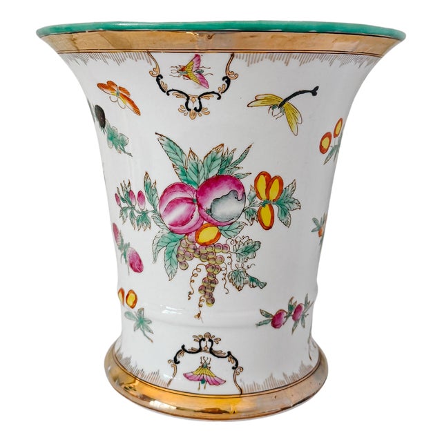 Vintage Chinese Export Porcelain Cachepot – Botanical Fruit & Butterflies Motif With Gilt Trim For Sale