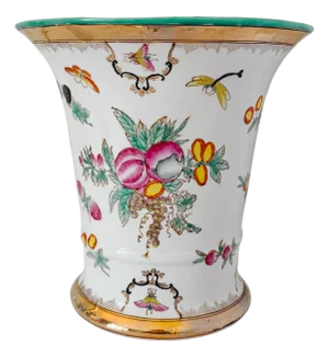 Vintage Chinese Export Porcelain Cachepot – Botanical Fruit & Butterflies Motif With Gilt Trim