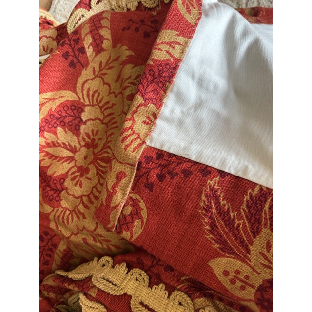 Custom Made Designer Drapery Red Panels Linen Gold Damask Pinch Pleat , Interlined 68 X 94 Pair,Tiebacks New For Sale - Image 9 of 11