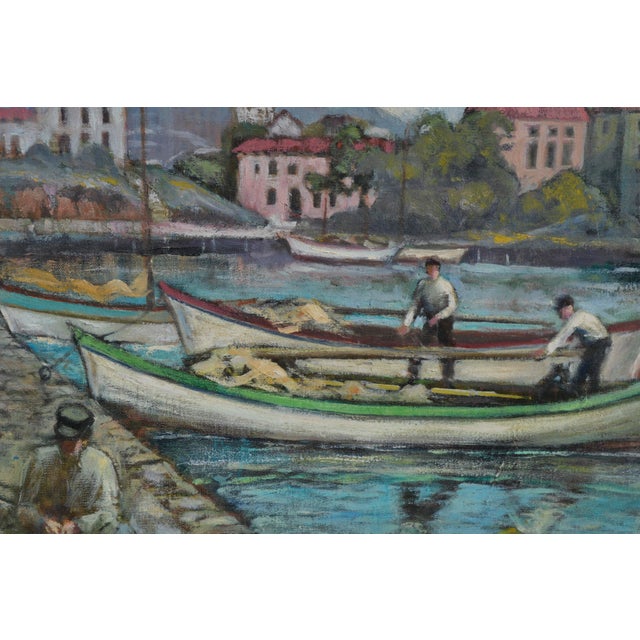 Beautiful vintage figurative landscape of fishermen with day's catch in Portofino, Italy by Jackson Craig (American, 20th...
