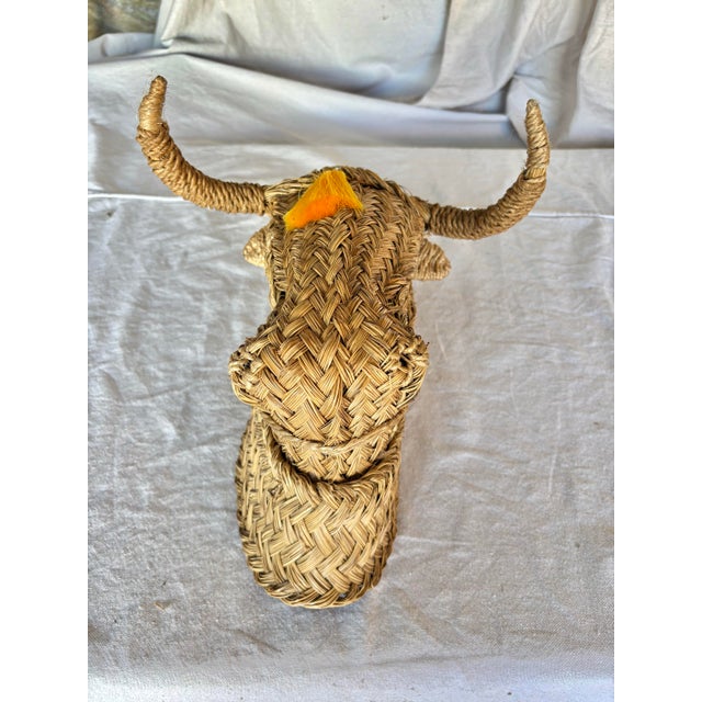 Mid 20th Century French Wicker Rattan Minotaur Bull Head Sculpture Wall Decoration For Sale - Image 6 of 12