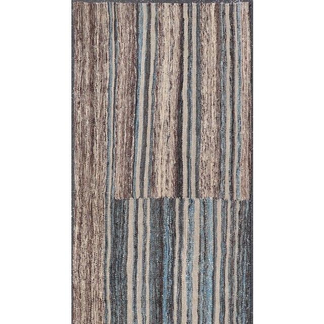 Modern Tribal Kilim Runner in Denim Blue, Brown, and Ivory Striped Design For Sale - Image 4 of 11