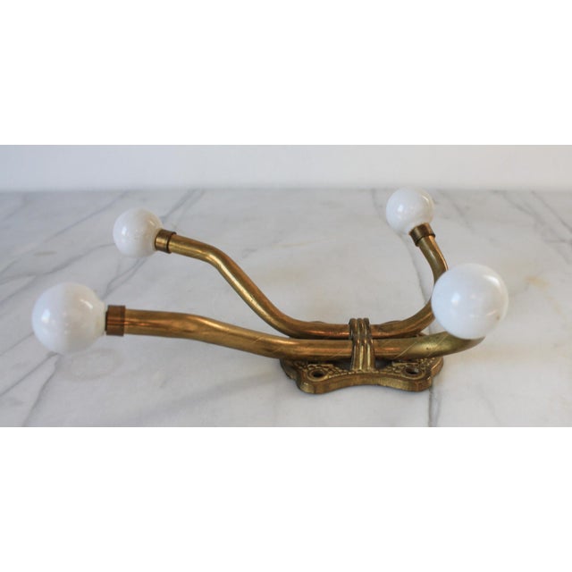 Mid 20th Century Vintage Brass and White Porcelain 4-Hook Wall Mount Coat or Hat Hanger For Sale - Image 5 of 8