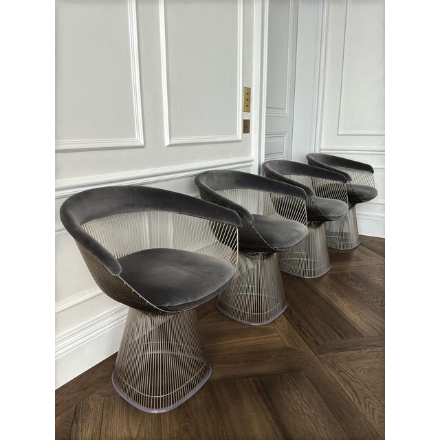 Mid-Century Modern Platner Armchairs in Steel and Velvet by Warren Platner for Knoll, USA, 1960s, Set of 4 For Sale - Image 3 of 18