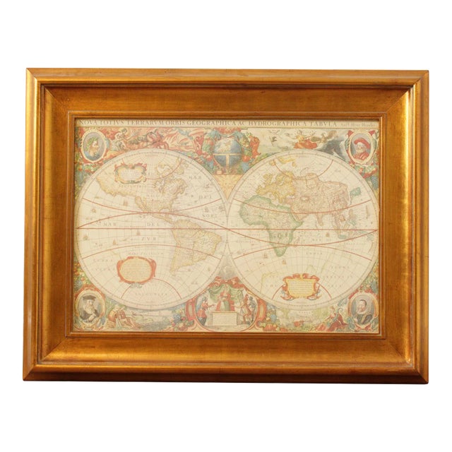 Henricus Hondius Reproduction World Map, 1630 in Giltwood Frame For Sale