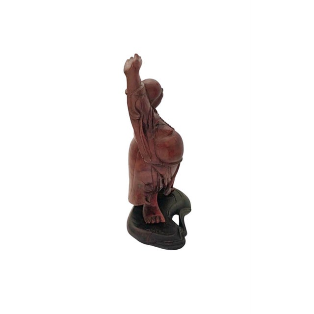 Wood Late 20th Century Buddha Sculpture Carved Wood With Inlaid Eyes and Teeth Vintage Chinese Wealth Figure For Sale - Image 7 of 9