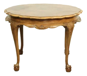 Large Mid-Century Baroque Style Coffee Table with Claw Foot Legs & Burl Wood Scalloped Top