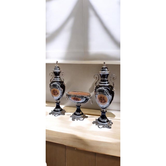 Rococo French Porcelain Urn Centerpiece Set Hand-Painted Floral, Gilded Bronze For Sale - Image 3 of 6