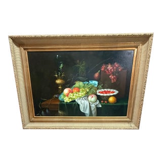 Still Life Oil on Canvas in Ornate Gold Frame For Sale