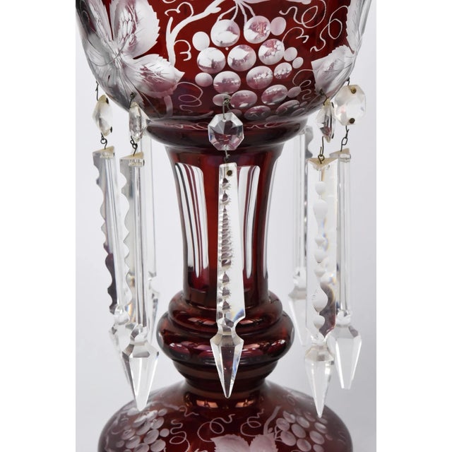 Antique Pair Ruby Glass Mantle Lusters With Engraved Grapes For Sale - Image 9 of 10