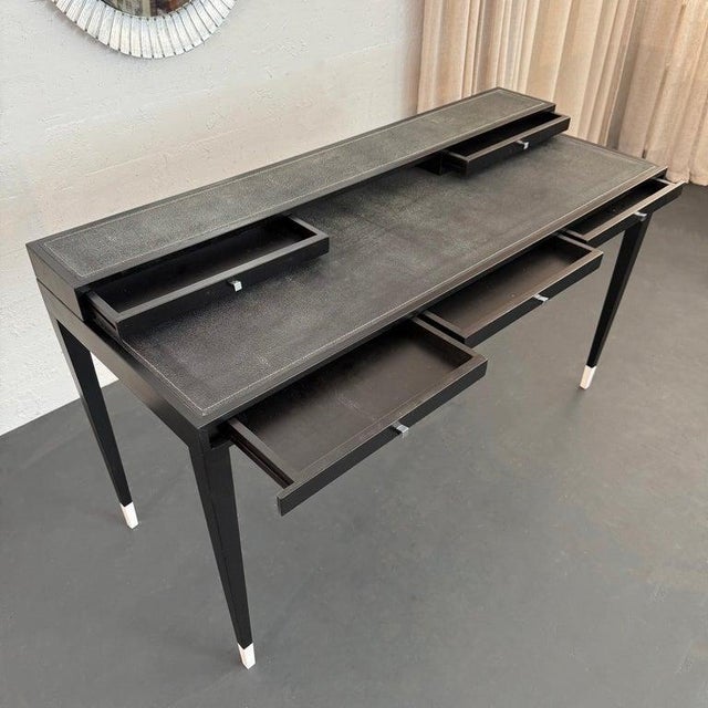Wood Italian Designer Tiered Black Lacquer Shagreen Leather Writing Desk For Sale - Image 7 of 14