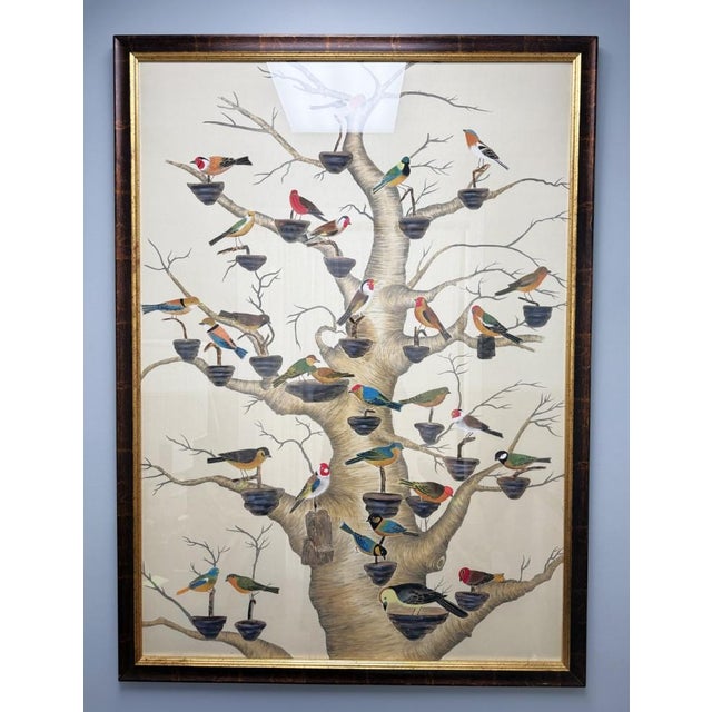 Chinoiserie Chelsea House “The Aviary” Hand-Painted Watercolor on Silk For Sale - Image 3 of 15