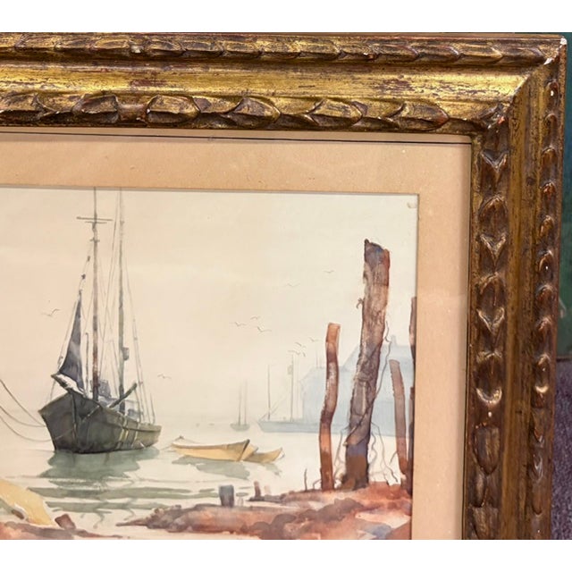 Mid 20th Century Mid Century Maritime Watercolor Painting - Sailboat in a Harbor - Signed, Fantastic Gilt Wood Frame For Sale - Image 5 of 8