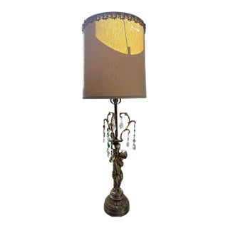 Vintage Hollywood Regency Cherub Lamp With Crystal Prisms, 41” For Sale