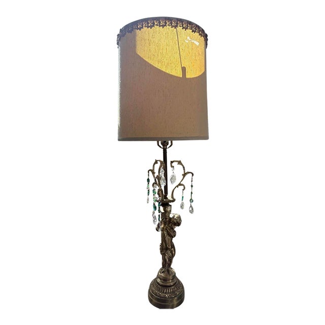 Vintage Hollywood Regency Cherub Lamp With Crystal Prisms, 41” For Sale