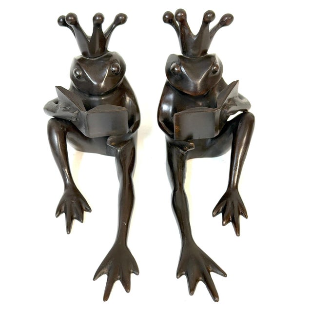 Pair Patinated Bronze Reclining Frog Prince Reading Book Bookends, Late 20th C. For Sale In West Palm - Image 6 of 12
