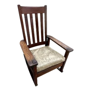 Antique Stickley Brothers Grand Rapids Mission Oak Rocking Chair With New Leather Upholstery - Circa 1900