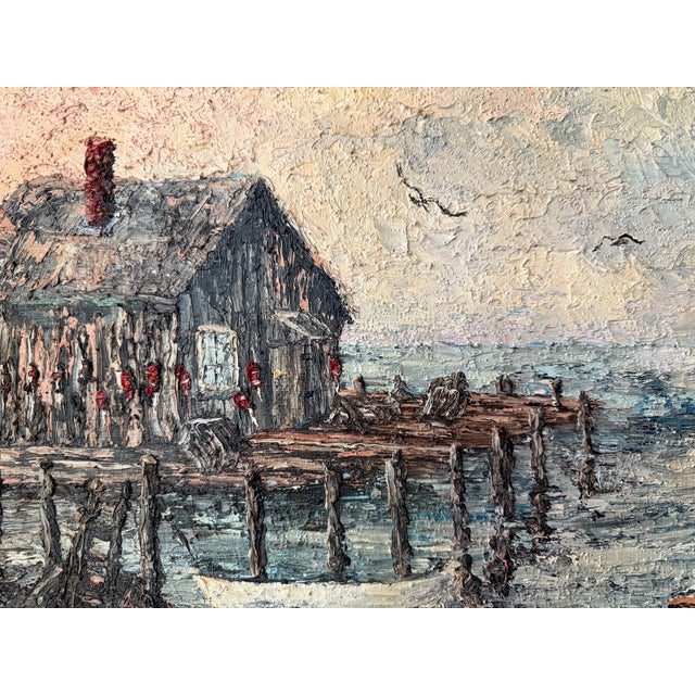 A striking New England coastal scene by Albany, NY artist Louis Pelky (1921-2015), painted in his characteristic impasto...