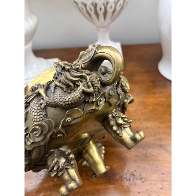 Ornate Mid 20th Century Cast Brass Chinese Incense Burner Censer With Dragons and Fu Dogs and Green Stone Finial For Sale - Image 9 of 12