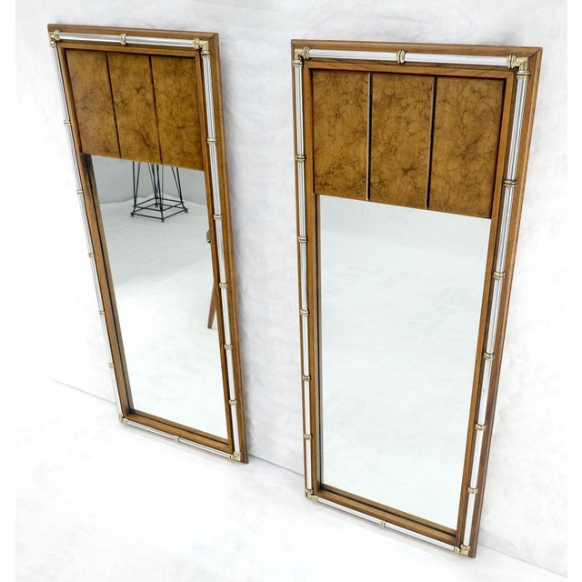 Mid-Century Modern Pair of c1970s Mid Century Faux Bamboo Crome & Burl Rectangle Wall Mirrors MINT For Sale - Image 3 of 16