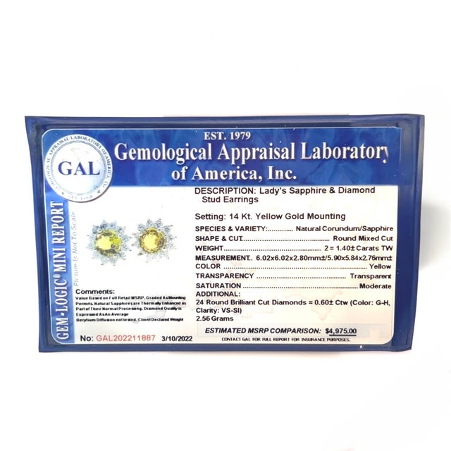 Natural Sapphire Diamond Stud Earrings 14k Yellow Gold 2 TCW Certified For Sale - Image 13 of 13