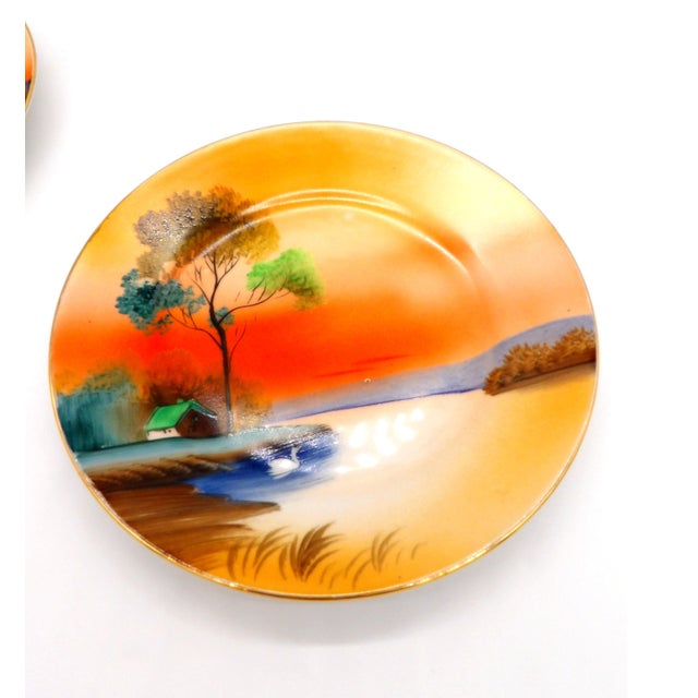 Asian Vintage Noritake Porcelain Plates — Hand-Painted Sunset Lake Scene With Swan, Gold Rim, M in Wreath Mark, c.1920s-1940s - a Pair For Sale - Image 3 of 9