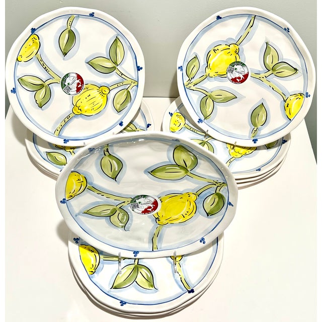 Handpainted Italian Lemon Dinner Plates Set of 12 – Made in Italy Ceramic Mediterranean Tableware – Blue White Citrus...