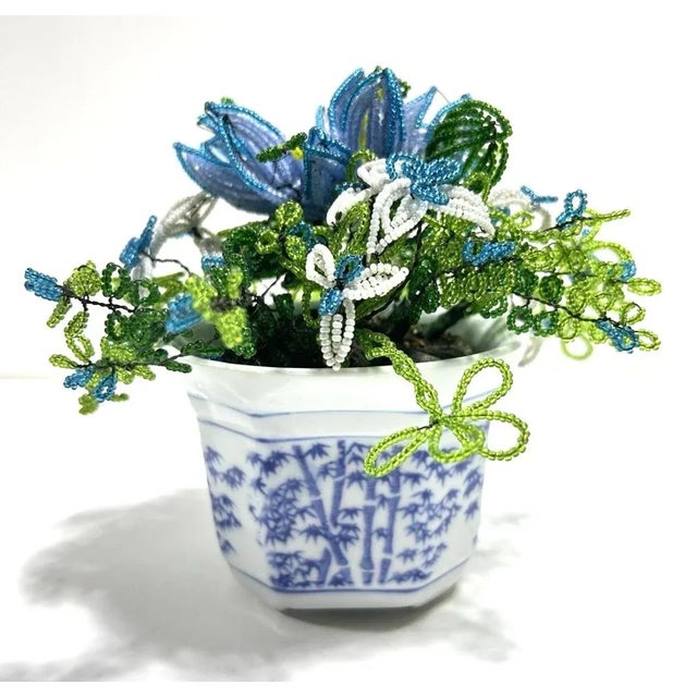 French Vintage French Beaded Flower Arrangement – Blue Beaded Floral in Porcelain Cachepot For Sale - Image 3 of 9