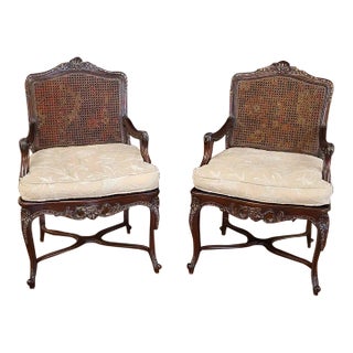 Pair of Louis XV Style Shell Carved Caned Arm Chairs, 1980s For Sale