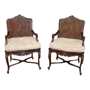 Pair of Louis XV Style Shell Carved Caned Arm Chairs, 1980s