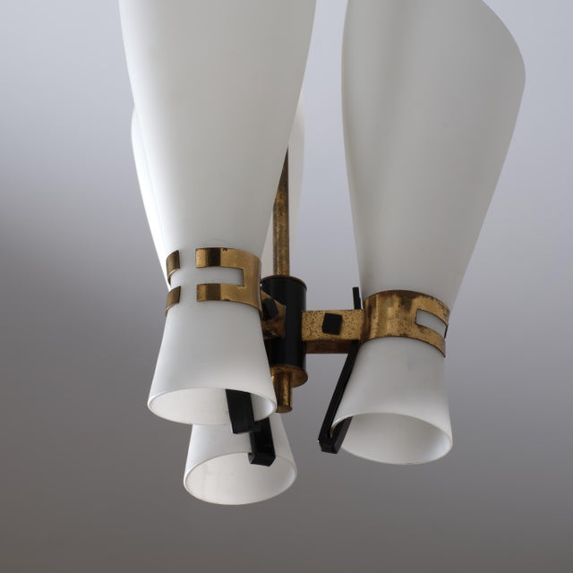 Black Italian Brass, Black Metal and Opaline Glass 3-Light Pendant, 1950s For Sale - Image 8 of 9