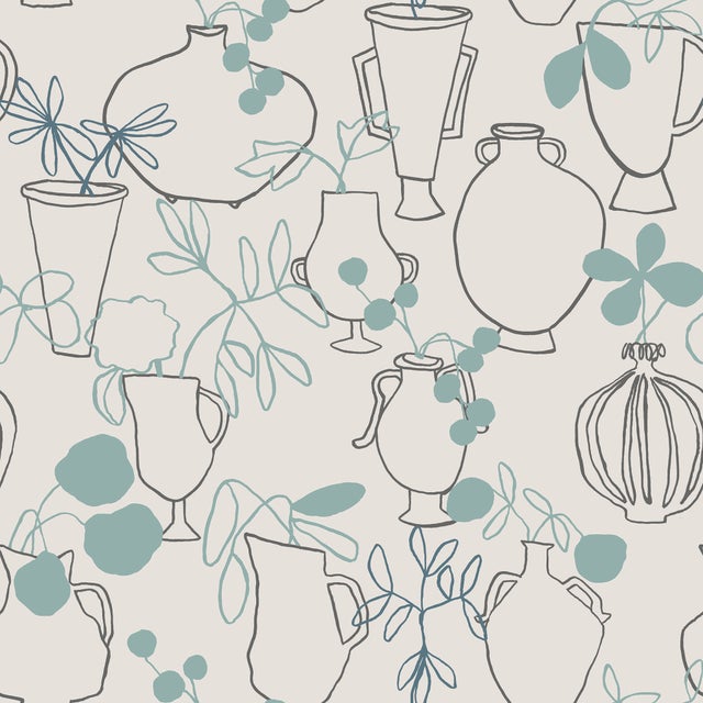 Flower Vases Wallpaper by Susan Hable in Periwinkle / Taupe For Sale