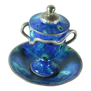 1990s Vintage/New KPM Collectors Serpent Handles Cup With Lid & Saucer - Marbled Green With Gold Decoration For Sale