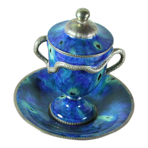 1990s Vintage/New KPM Collectors Serpent Handles Cup With Lid & Saucer - Marbled Green With Gold Decoration