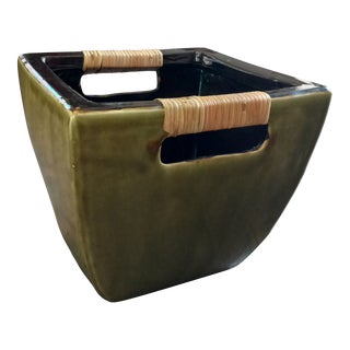 Vintage Olive & Brown Ceramic Flower Pot with Cut-Out Handles For Sale