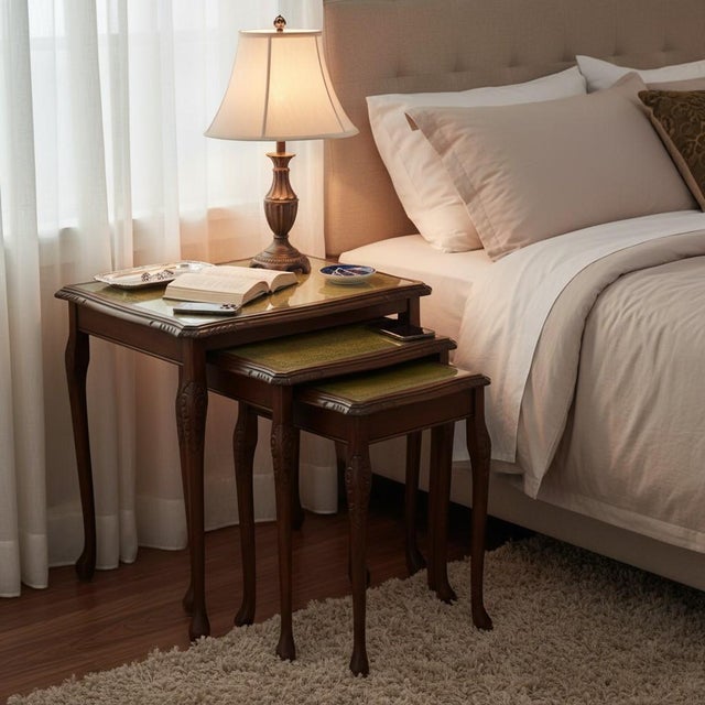 Mid 20th Century Vintage Nesting Tables Set 3-Tooled Leather Top-Queen Anne Wood-Side-End-Accent For Sale - Image 5 of 11