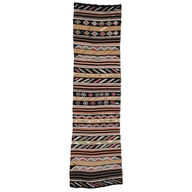 Embroidered Vintage Turkish Kilim Runner- 3′1″ × 11′8″ For Sale