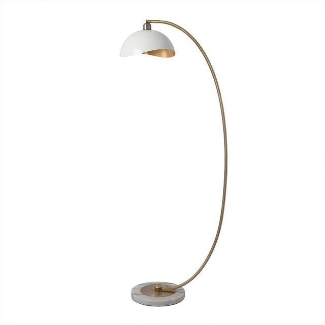 Luna Bella Chairside Arc Floor Lamp - 60", Matte White/Gold-Leaf Shade, Weathered Brass, Marble Base, Floor Dimmer For Sale In Los Angeles - Image 6 of 17