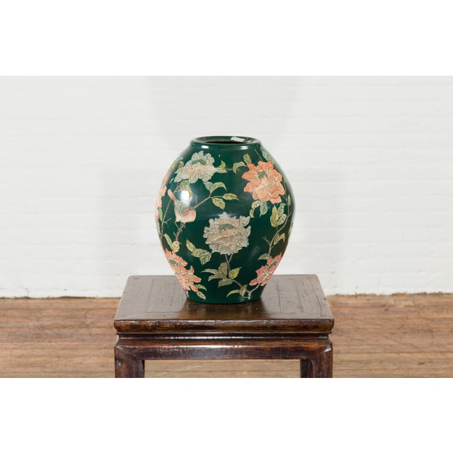 Vintage Chinese Handcrafted Green Vase with Incised Floral and Butterfly Decor For Sale - Image 4 of 11