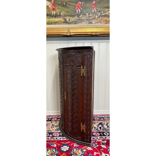 Antique English Corner Cabinet Carved Oak Hanging Wall Cabinet Storage 19c For Sale - Image 13 of 18