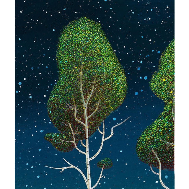 Emissary by Thane Gorek | Oil on canvas Night scene with trees under a starry sky. For Sale - Image 4 of 5